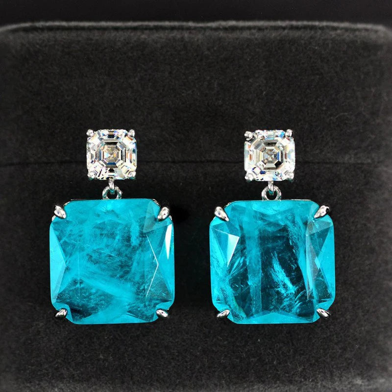 Blue and Zircon Diamond Square Shape Fashion Earrings