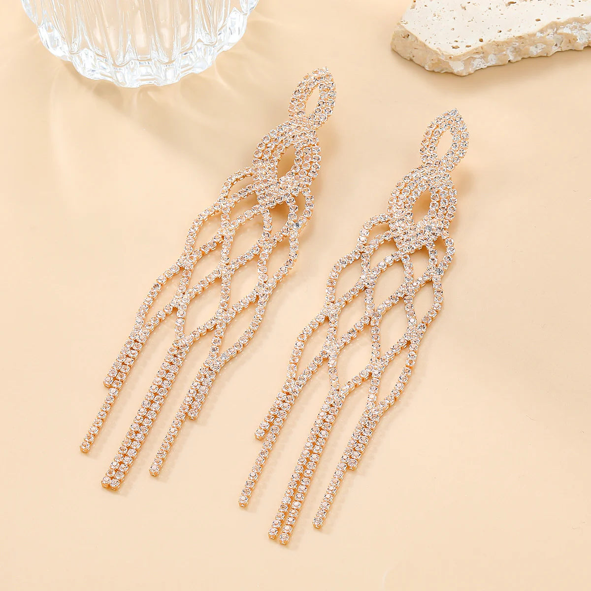 Gold Tassel Full Zircon Diamond Long Earrings