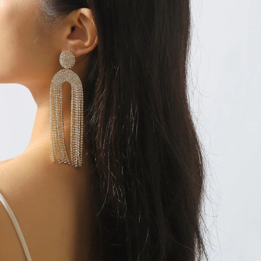 Gold and Zircon Diamond U-Shape Tassel Earrings