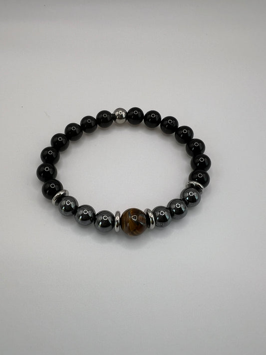 Black Tourmaline with Hematite and Tiger’s Eye Crystal Bead Bracelet