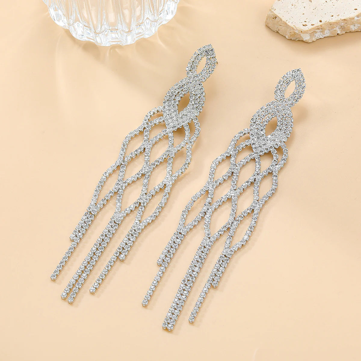 Silver Tassel Full Zircon Diamond Long Earrings