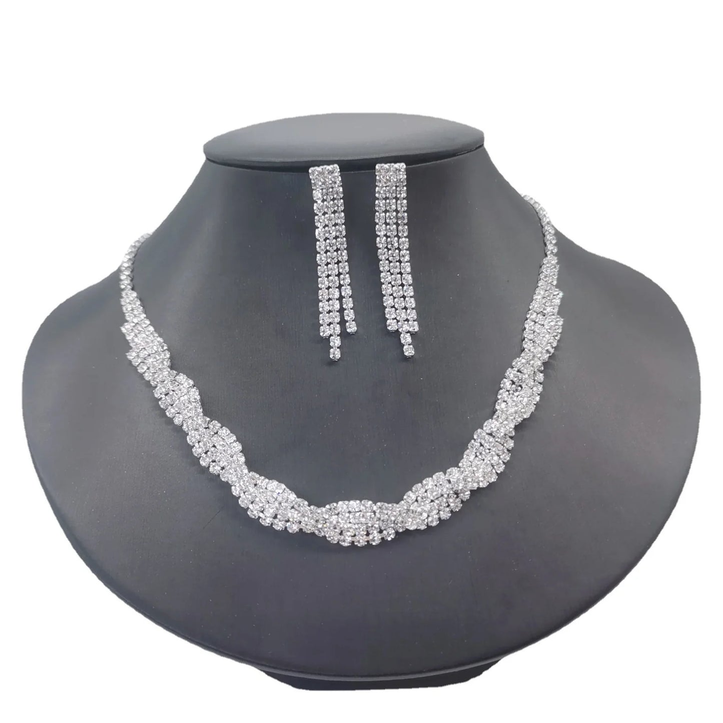 Silver Rhinestone Necklace and Earrings Set