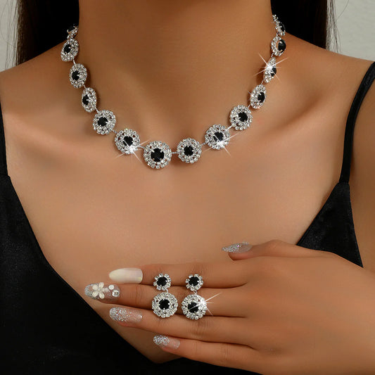 Black and Silver Round Rhinestone Necklace and Earrings Fashion Jewelry Set