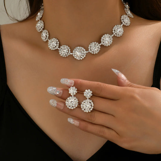 Silver Rhinestone Round Necklace and Earrings Fashion Jewelry Set